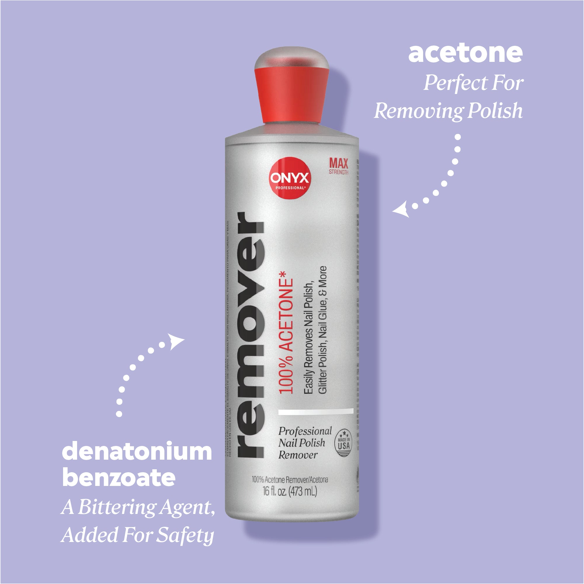 Acetone remover bottle with callouts reading “denatonium benzoate — a bittering agent, added for safety” and “acetone — perfect for removing polish.”