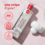 100% acetone remover bottle with header text “one swipe & gone” and icons reading “max strength,” “made in USA,” and “animal test‑free vegan.”