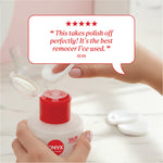 Pump‑top acetone remover with review text reading “This takes polish off perfectly! It’s the best remover I’ve used.” credited to Bean.