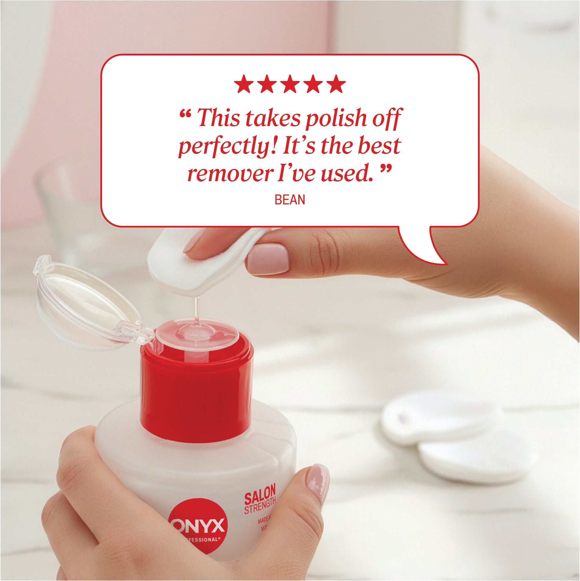 Pump‑top acetone remover with review text reading “This takes polish off perfectly! It’s the best remover I’ve used.” credited to Bean.