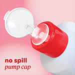 Close‑up of open pump cap with header text “no spill pump cap.”