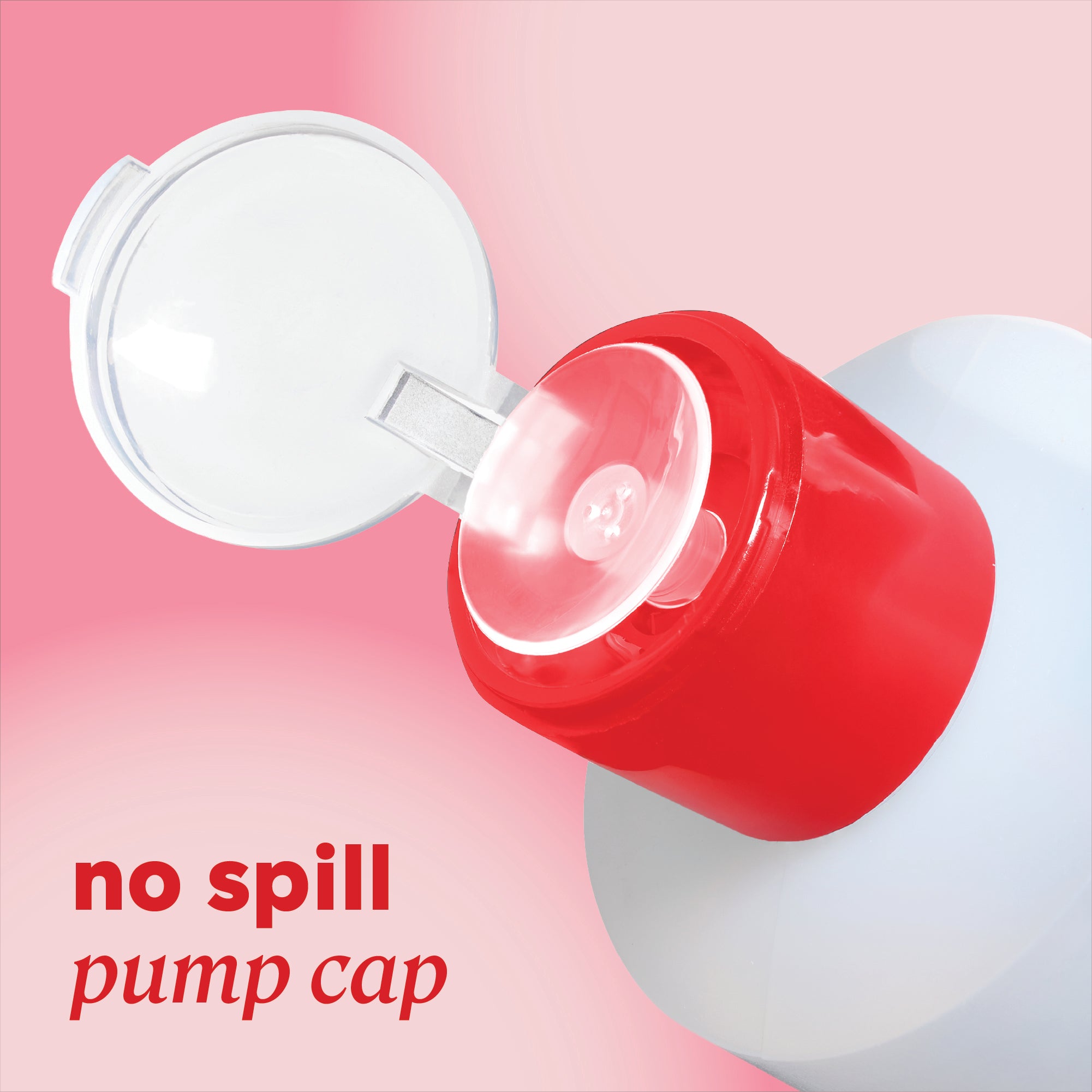 Close‑up of open pump cap with header text “no spill pump cap.”