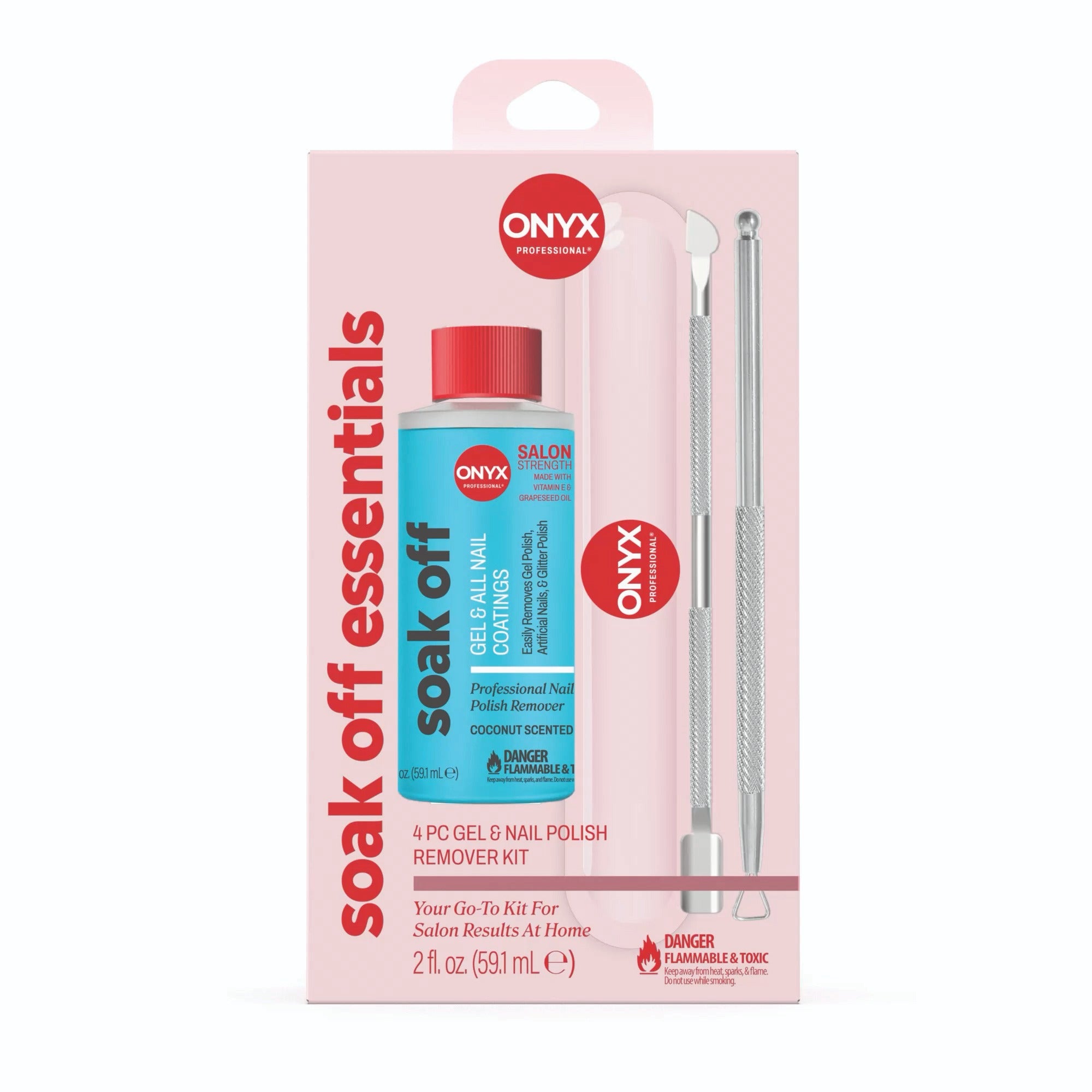 ONYX soak off essentials kit packaging with nail polish remover and applicator on a white background
