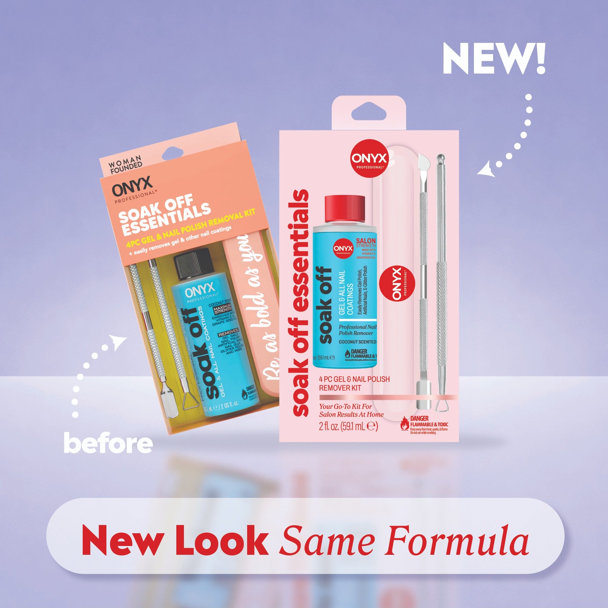 Old and new Soak Off Essentials kits shown side by side with labels reading “before,” “NEW!,” and the phrase “New Look Same Formula.”