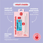 Soak Off Essentials kit with callouts reading “what’s inside,” “soak off remover — for at‑home gel polish removal,” “stainless steel tools — for salon results at home,” and “storage case — perfect for organization & travel,” plus badge reading “coconut scented.”