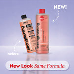 Old and new strengthening remover bottles with labels “before,” “NEW!,” and “New Look Same Formula.”