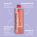 Strengthening remover bottle with ingredient callouts reading “cacay oil — known to strengthen nails,” “grapeseed oil — known to smooth & moisturize nails,” “prickly pear seed oil — known to condition & strengthen nails,” and “vitamin E — helps to nourish nails.”