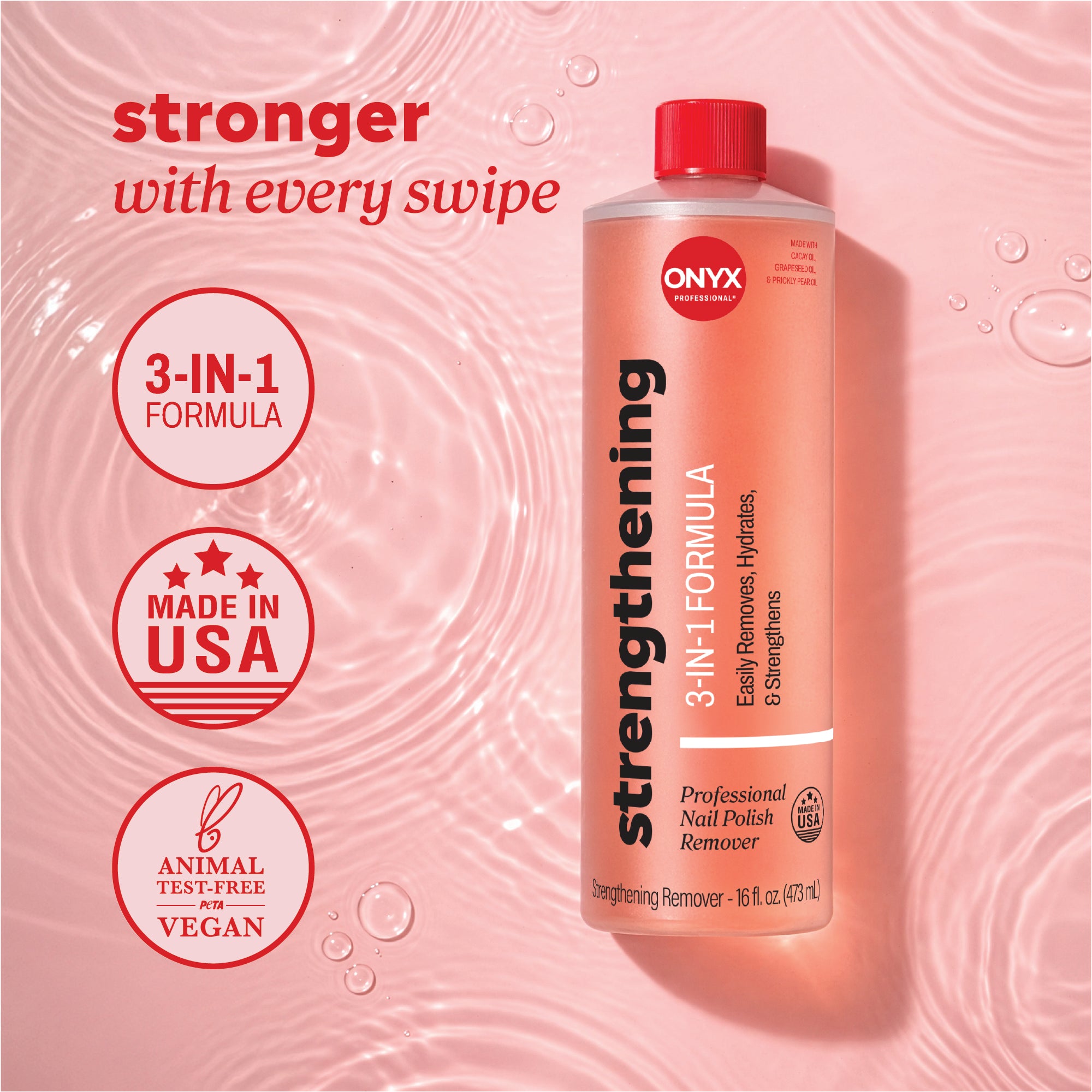 Header text reads, “stronger with every swipe” and icons reading “3‑in‑1 formula,” “made in USA,” and “animal test‑free vegan.”