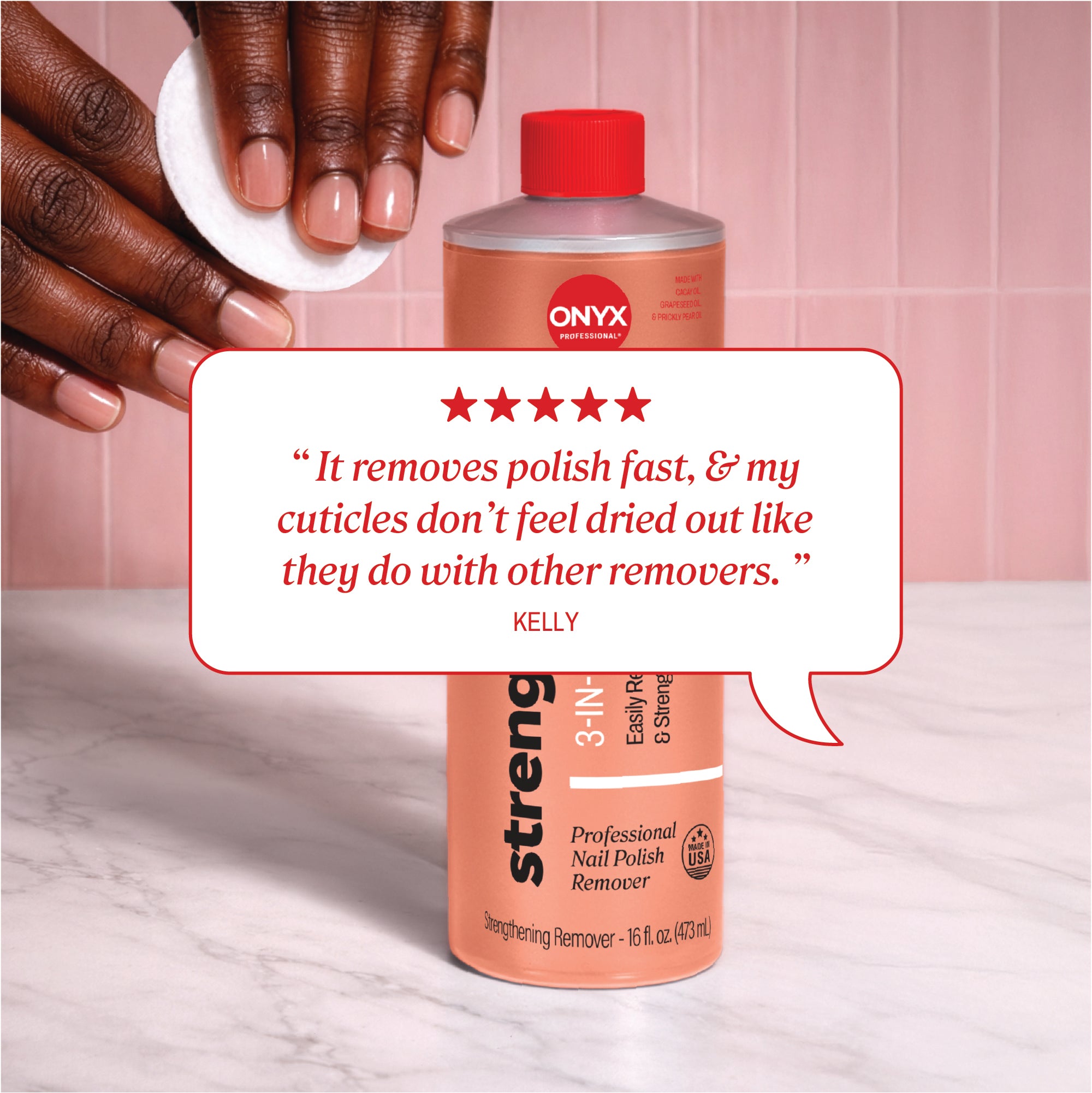 Review text reading “It removes polish fast, & my cuticles don’t feel dried out like they do with other removers.” credited to Kelly.