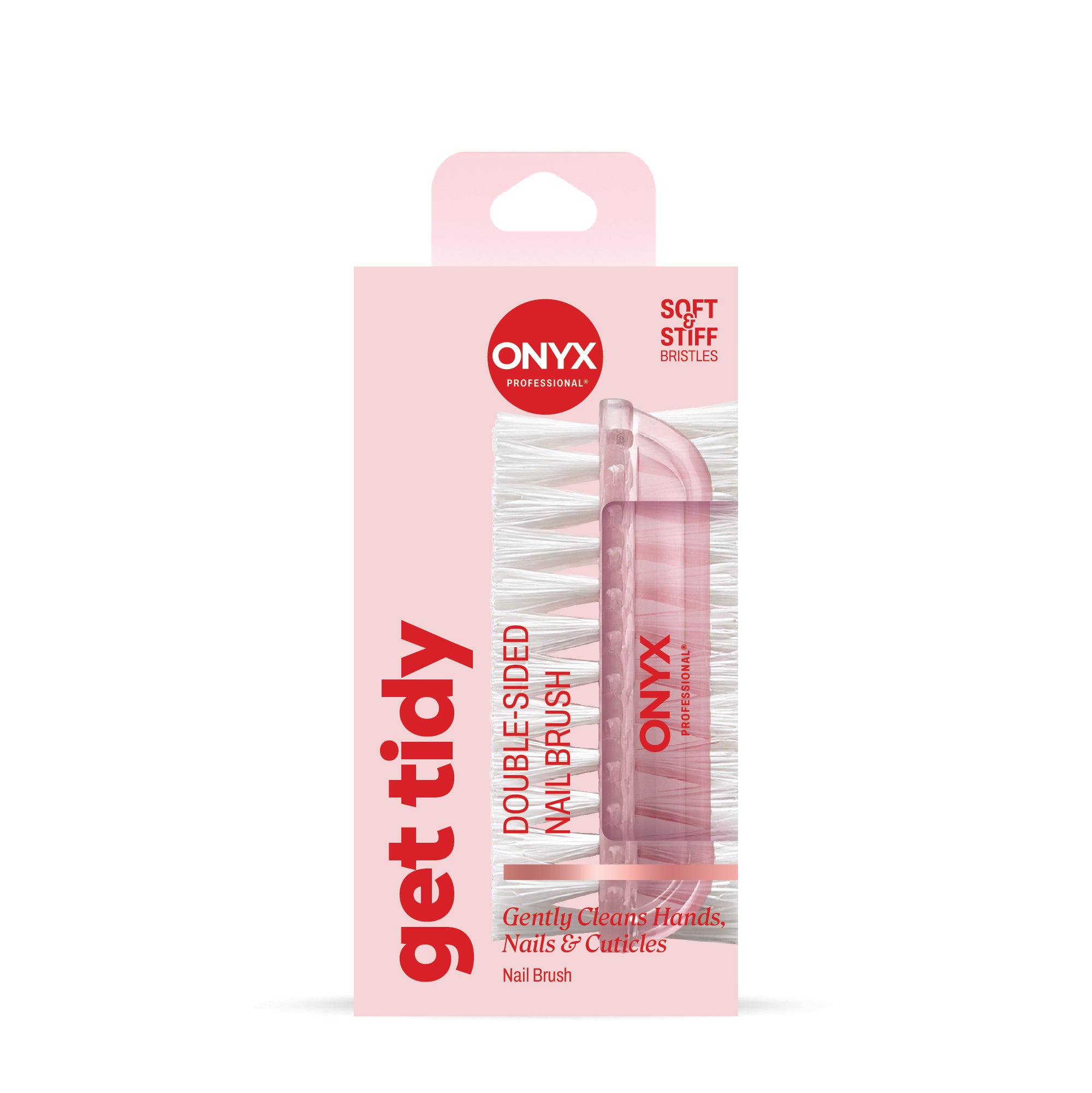 Onyx double-sided nail brush packaging on a white background
