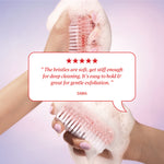 Customer review reading, “The bristles are soft, yet stiff enough for deep cleaning. It’s easy to hold & great for gentle exfoliation.” credited to Samia.