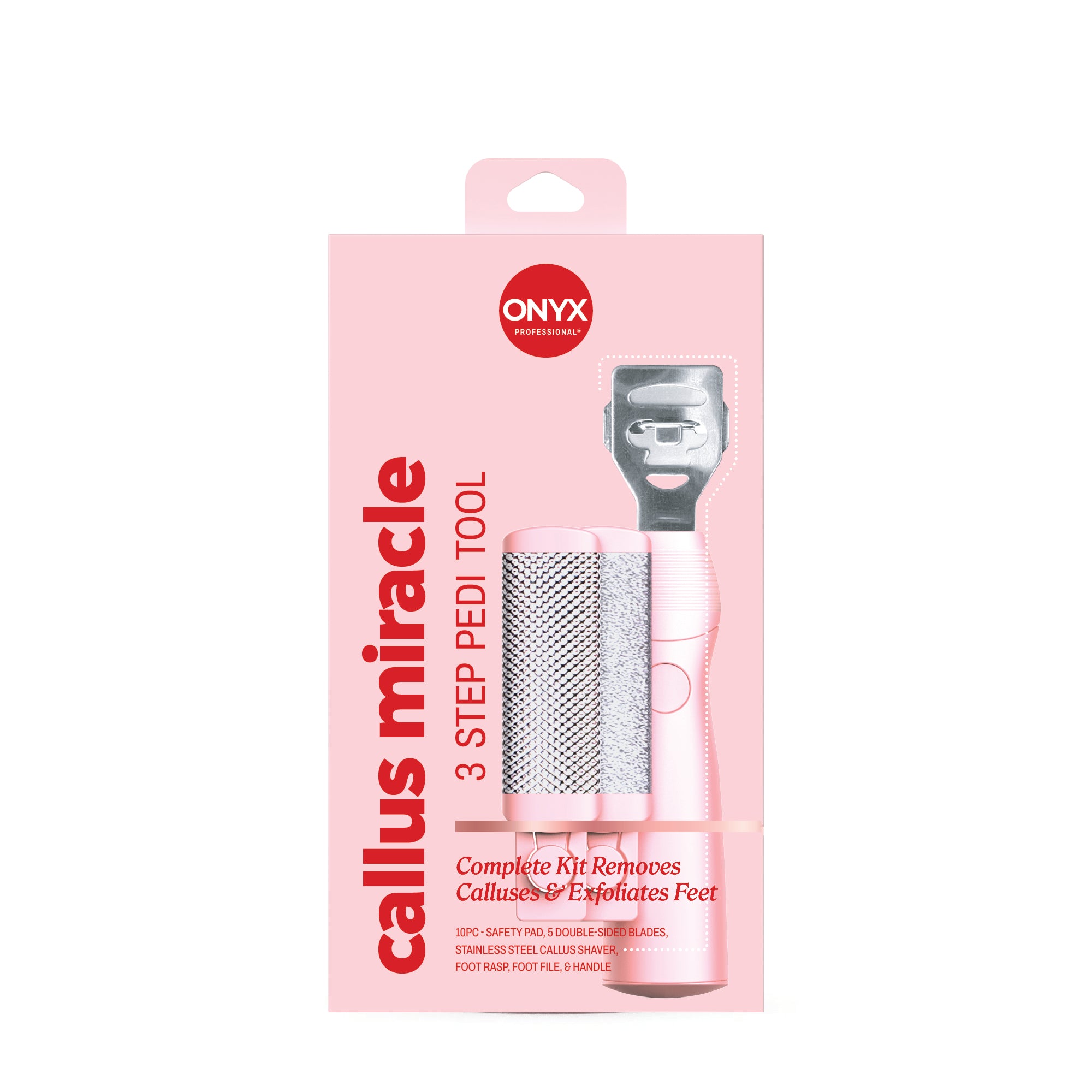 Pink packaging of a callus removal tool with 'Onyx' branding on a white background