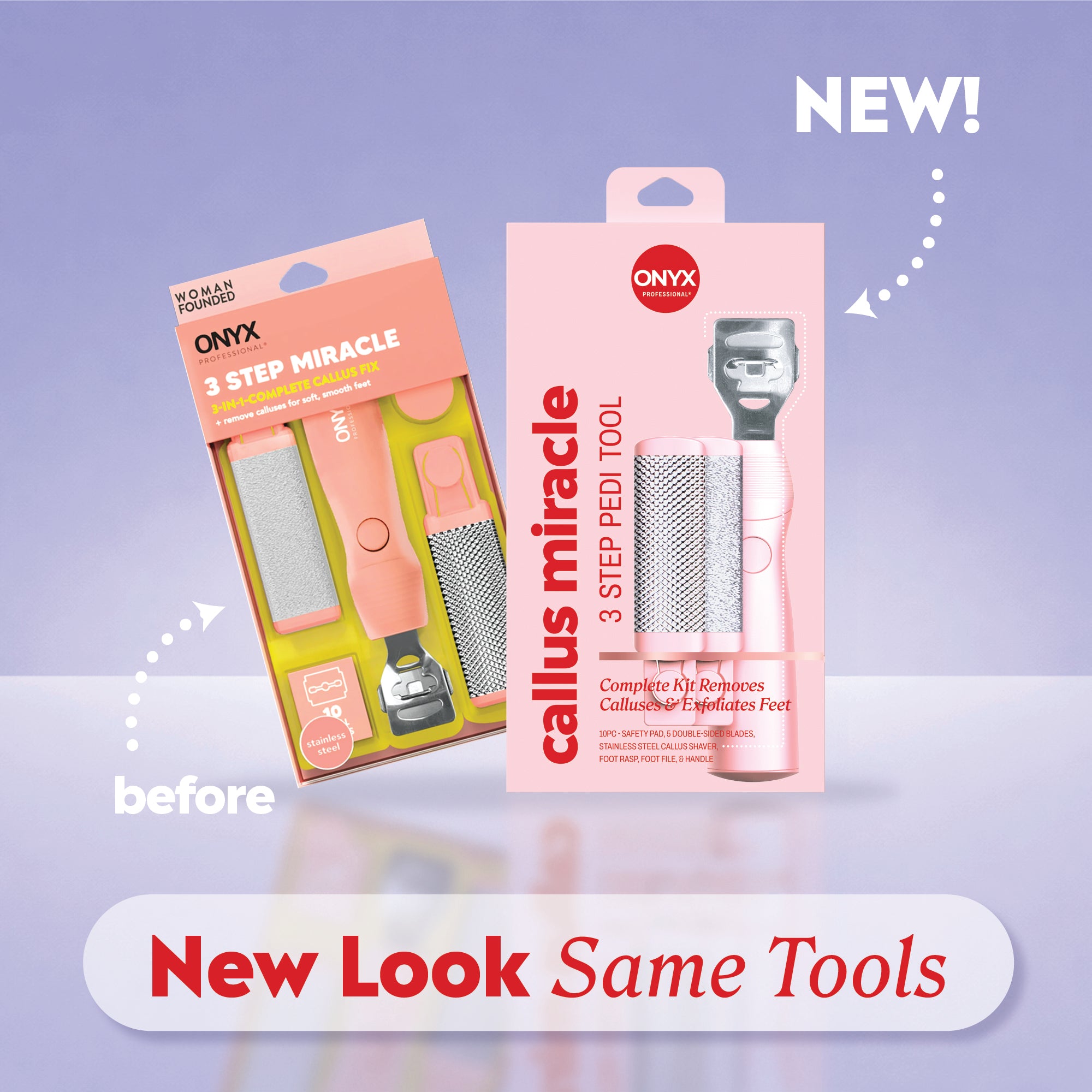 Old and new callus remover kit packaging with labels “before,” “NEW!,” and the phrase “New Look Same Tools.”