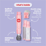 Callus remover kit with callouts reading “what’s inside,” “built‑in drawer — for safe blade storage,” “double‑edge blades & blade box — for the smoothest use,” “stainless steel — for the smoothest use,” and “3 x heads — durable & interchangeable.”