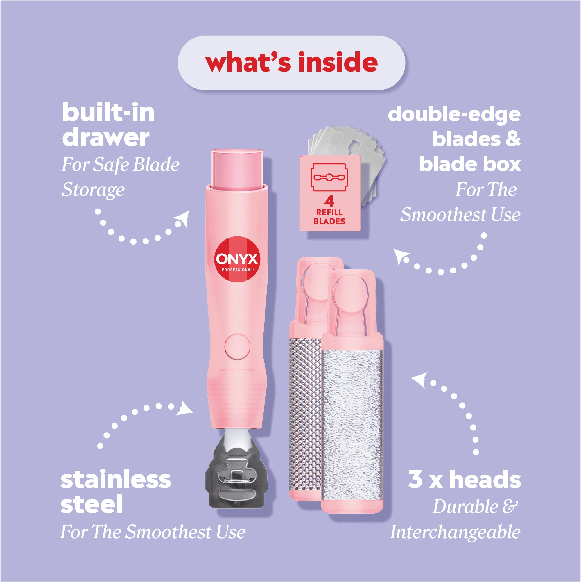 Callus remover kit with callouts reading “what’s inside,” “built‑in drawer — for safe blade storage,” “double‑edge blades & blade box — for the smoothest use,” “stainless steel — for the smoothest use,” and “3 x heads — durable & interchangeable.”