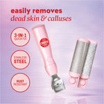 Callus remover and extra heads with header text “easily removes dead skin & calluses” and icons reading “3‑in‑1 quick fix,” “stainless steel,” and “rust resistant.”