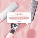 Callus remover tools with review text reading “This is the perfect all‑in‑one tool for smooth feet! My feet were embarrassingly rough after a winter of boots and close‑toed shoes, but my feet are noticeably softer after just one use.” credited to Cheviot.
