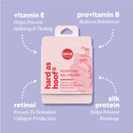 Nail patch packaging with ingredient callouts reading “vitamin E — helps prevent splitting & peeling,” “provitamin B — reduces brittleness,” “retinol — known to stimulate collagen production,” and “silk protein — helps prevent breakage.”