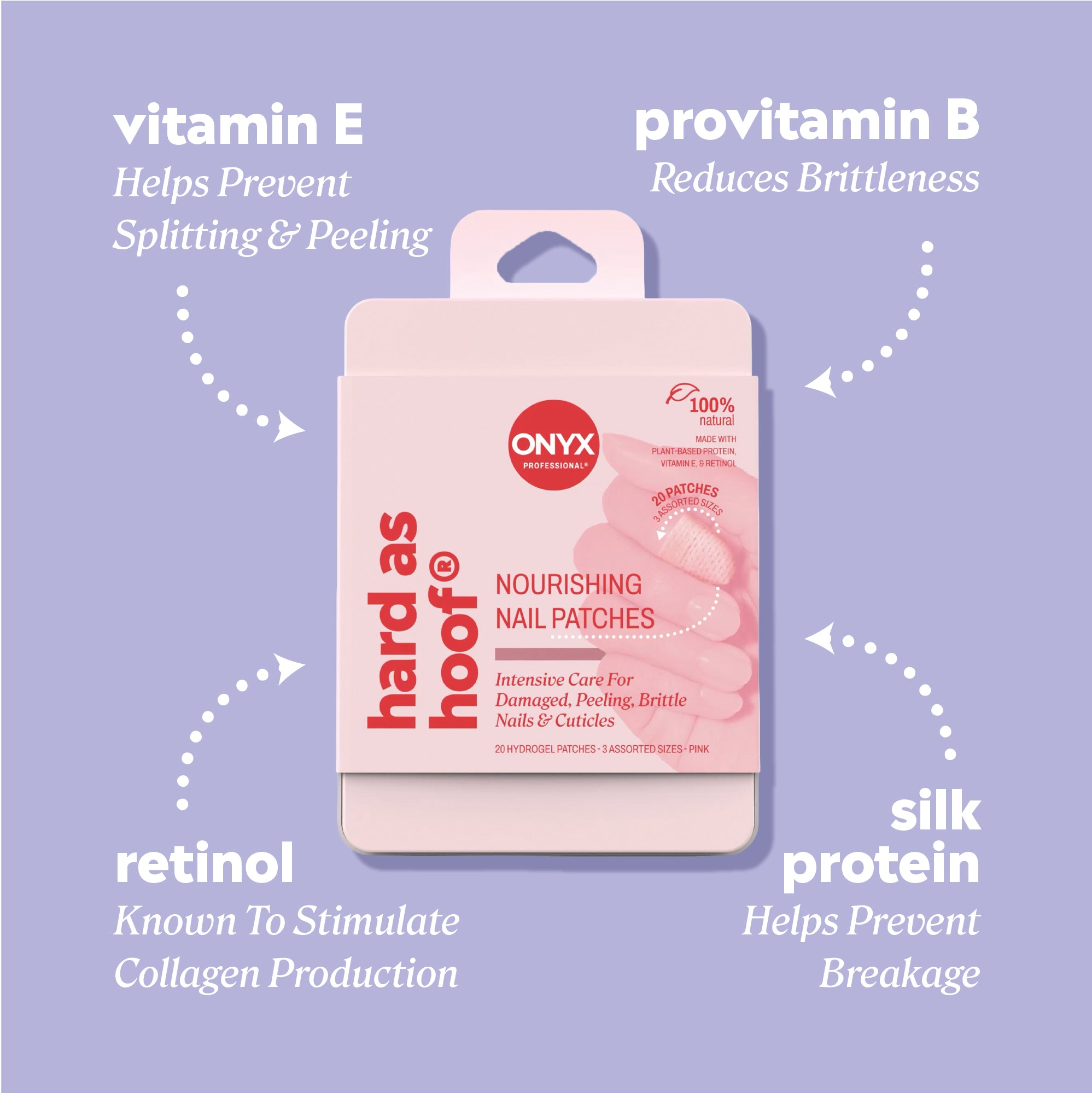 Nail patch packaging with ingredient callouts reading “vitamin E — helps prevent splitting & peeling,” “provitamin B — reduces brittleness,” “retinol — known to stimulate collagen production,” and “silk protein — helps prevent breakage.”