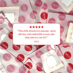 Review text reading “These little miracles are amazing—quick, effective, and comfortable to wear, plus they come in a cute tin!” credited to Chels.