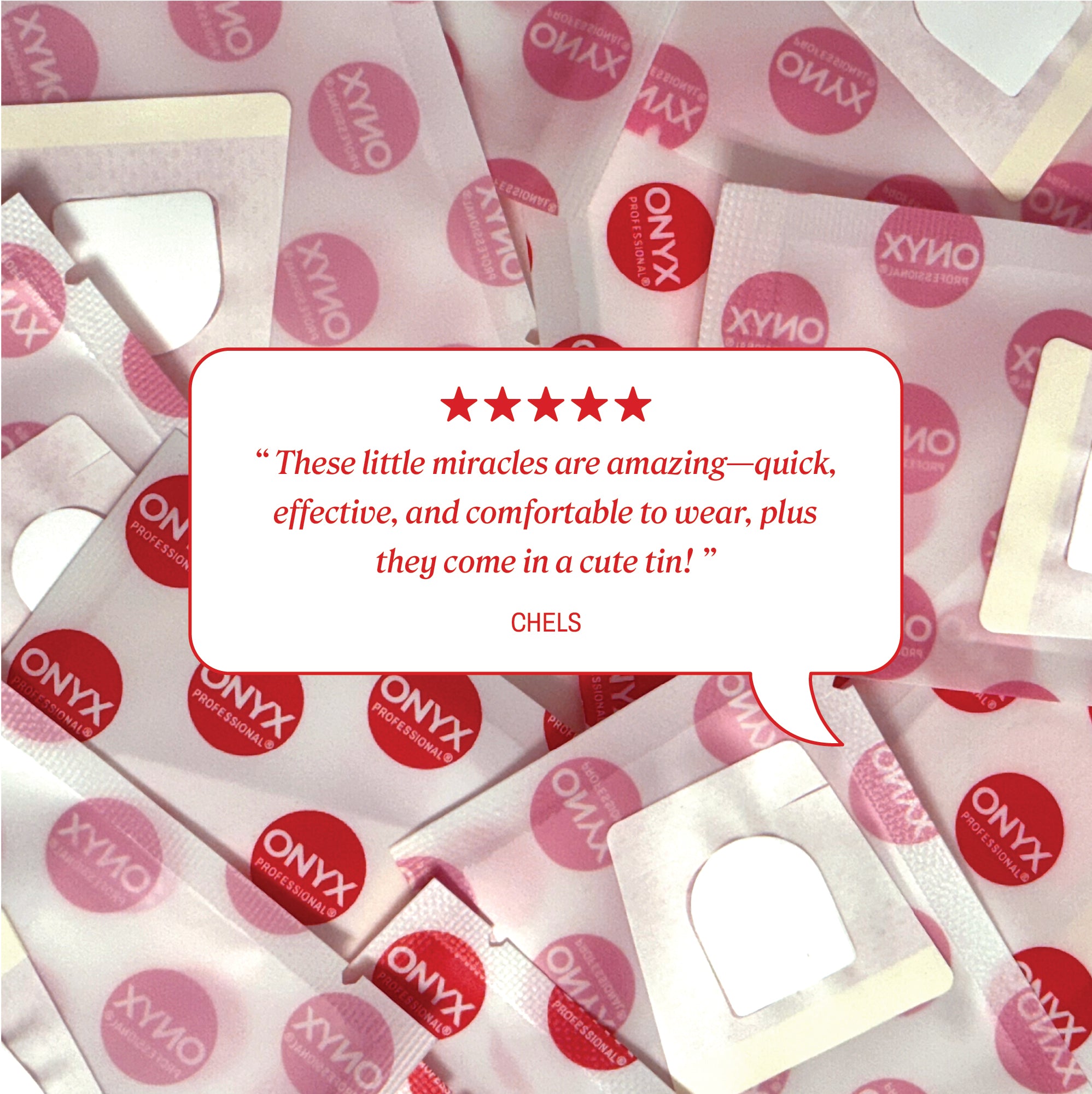 Review text reading “These little miracles are amazing—quick, effective, and comfortable to wear, plus they come in a cute tin!” credited to Chels.