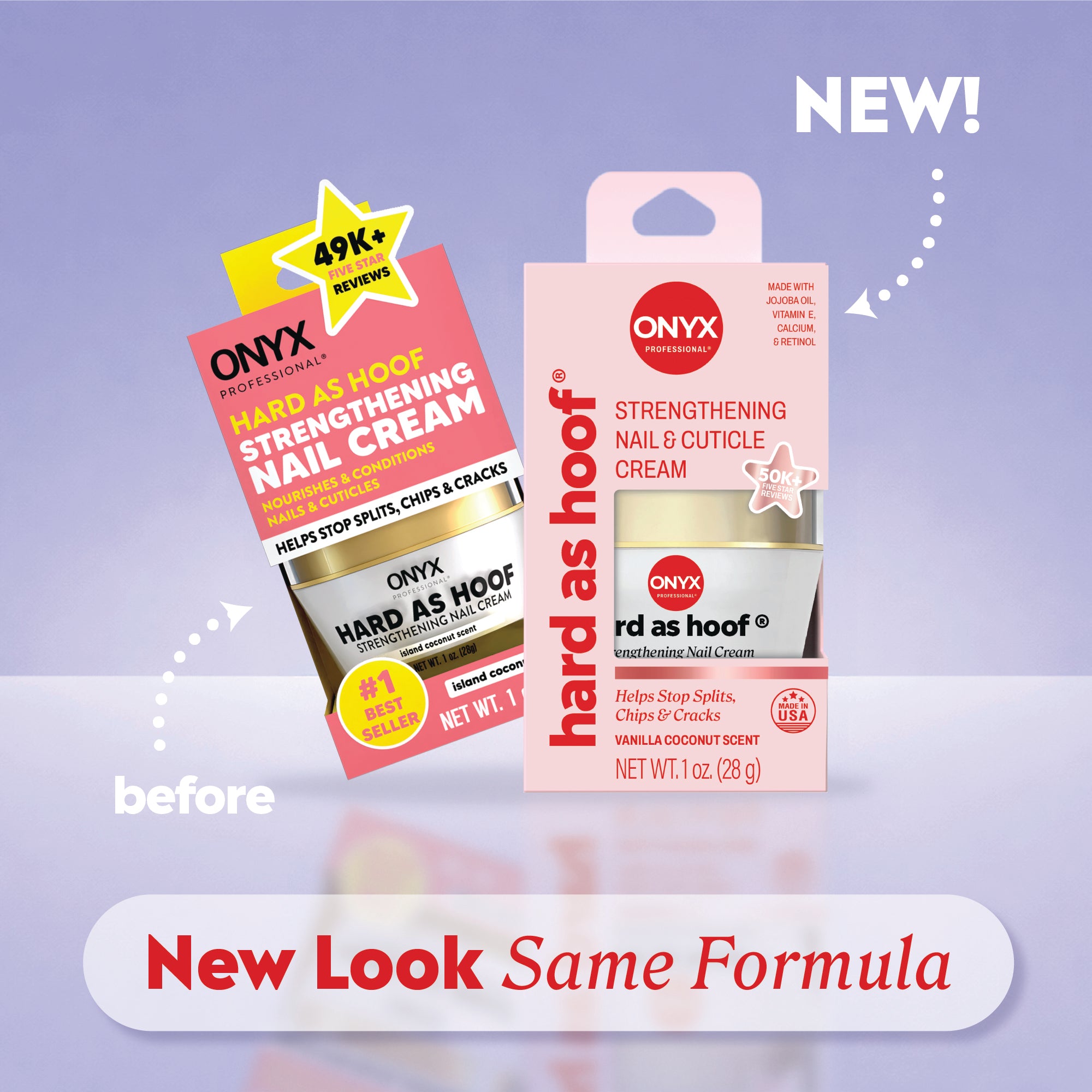 Before‑and‑after packaging comparison of Onyx Professional Hard as Hoof Strengthening Nail Cream. Text at the bottom reads ‘New Look Same Formula.