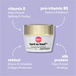 Hard as Hoof Strengthening Nail Cream jar surrounded by ingredient callouts. Text reads: ‘Vitamin E – Helps Prevent Splitting & Peeling,’ ‘Pro‑Vitamin B5 – Reduces Brittleness,’ ‘Retinol – Known To Stimulate Collagen Production,’ and ‘Silk Protein – Helps Prevent Breakage.