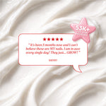 Background of cream texture with a review bubble showing five stars and the quote: ‘It’s been 5 months now and I can’t believe these are MY nails. I am in awe every single day! They just… GROW!’ Signed ‘Sherry.’ A pink star icon reads ‘53K+ Five Star Reviews.