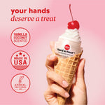 A hand holding a waffle cone filled with Hard as Hoof Strengthening Nail Cream topped with a cherry. Text reads ‘your hands deserve a treat.’ Icons on the left read: ‘Vanilla Coconut Scented,’ ‘Made in USA,’ and ‘Animal Test‑Free PETA.