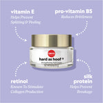 Hard as Hood's four ingredients with descriptions: “vitamin E – Helps Prevent Splitting & Peeling,” “pro‑vitamin B5 – Reduces Brittleness,” “silk protein – Helps Prevent Breakage,” and “retinol – Known To Stimulate Collagen Production.” 