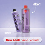 Old and new moisturizing remover bottles side by side with labels “before,” “NEW!,” and “New Look Same Formula.”