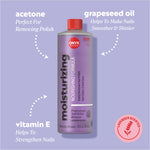 Moisturizing remover bottle with ingredient callouts reading “acetone — perfect for removing polish,” “grapeseed oil — helps to make nails smoother & shinier,” and “vitamin E — helps to strengthen nails,” plus badge “lavender scented.”