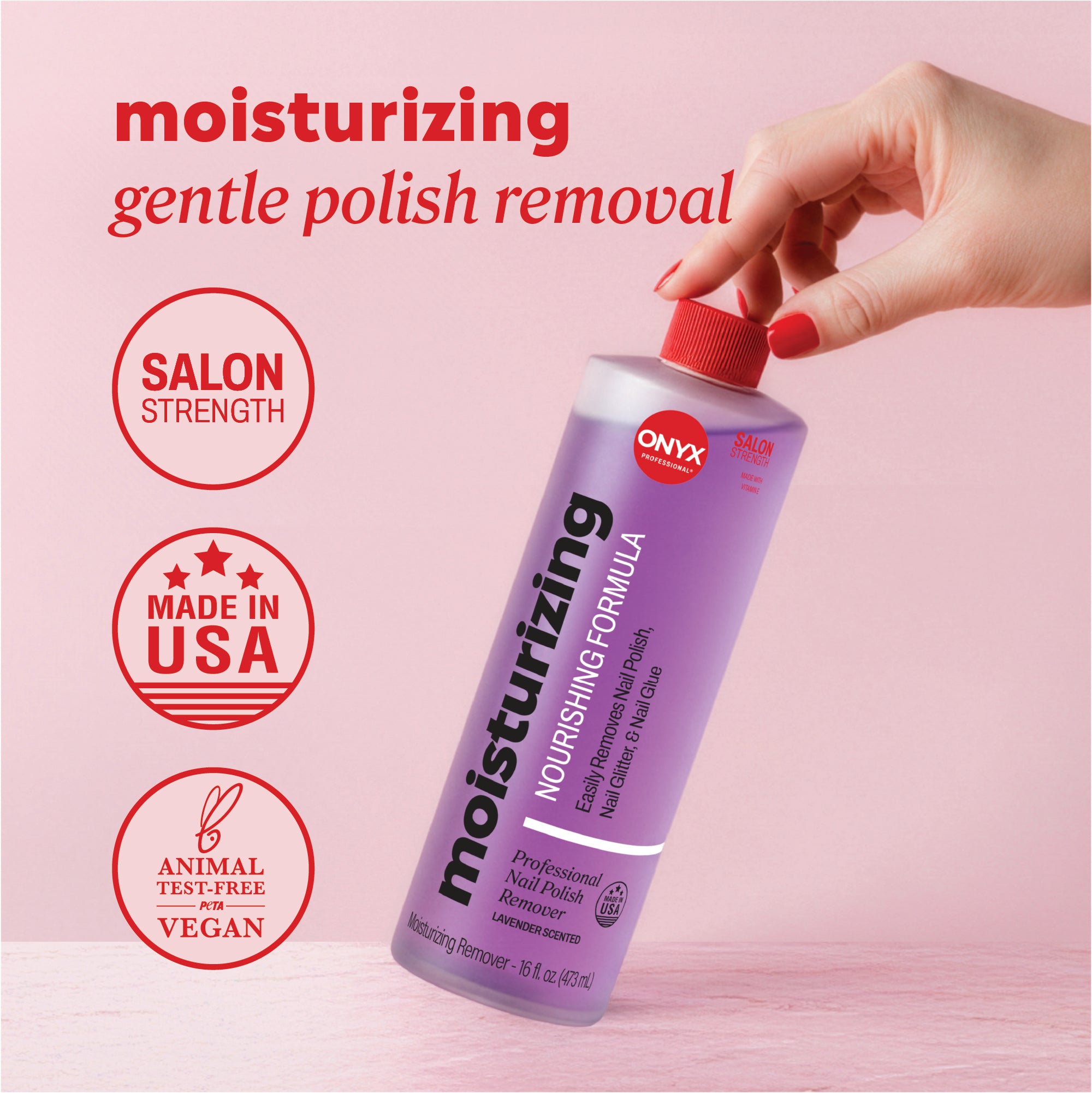 Onyx Professional moisturizing nail polish remover bottle with visible text including “moisturizing,” “nourishing formula,” and “professional nail polish remover.”
