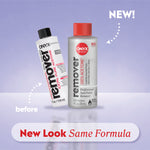 Old and new 100% acetone remover bottles with labels “before,” “NEW!,” and “New Look Same Formula.”