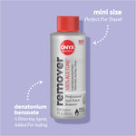 Acetone remover bottle with callouts reading “denatonium benzoate — a bittering agent, added for safety” and “mini size — perfect for travel.”