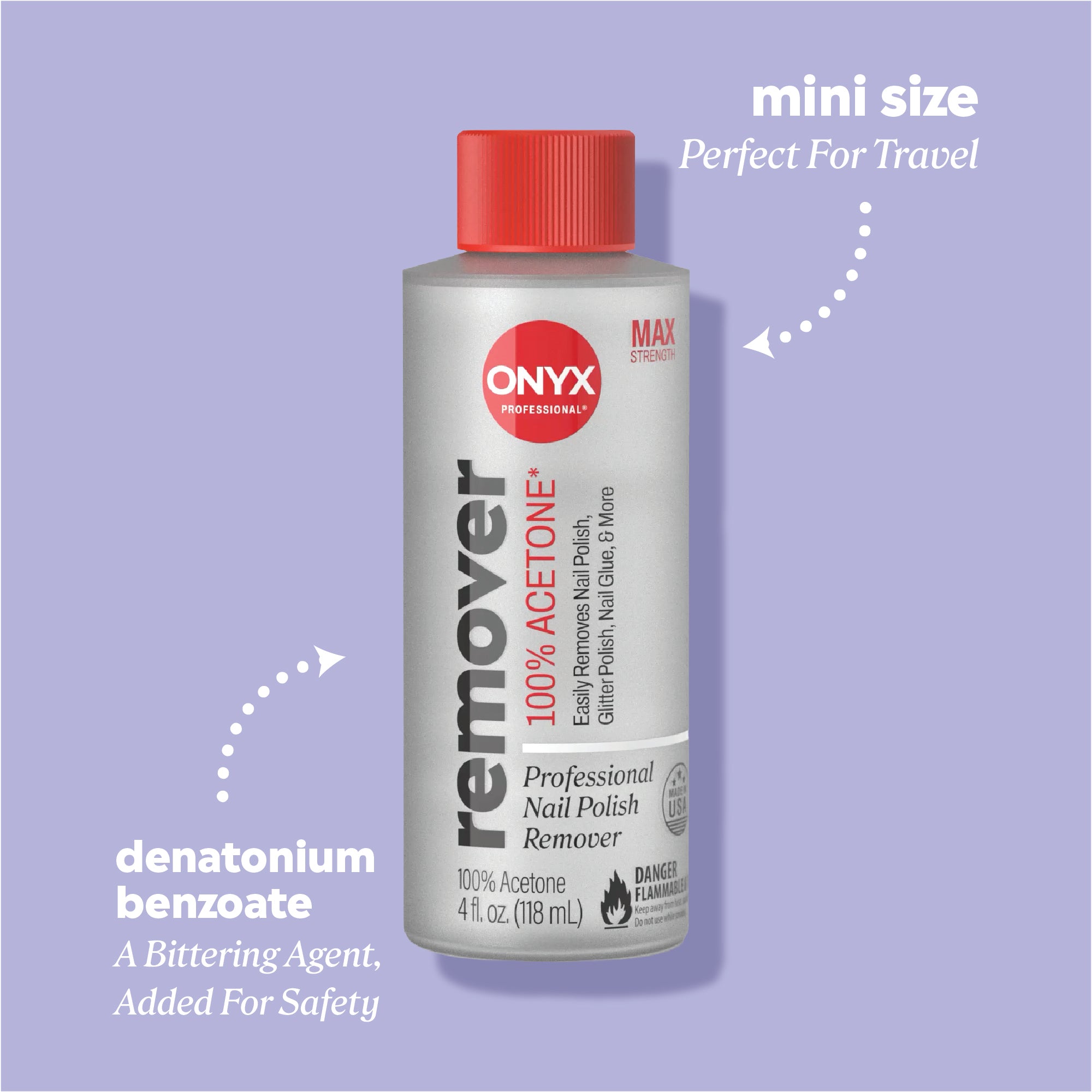 Acetone remover bottle with callouts reading “denatonium benzoate — a bittering agent, added for safety” and “mini size — perfect for travel.”