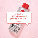 Acetone remover bottle on a textured background with review text reading “This takes your nail polish off in seconds!” credited to Daniella.