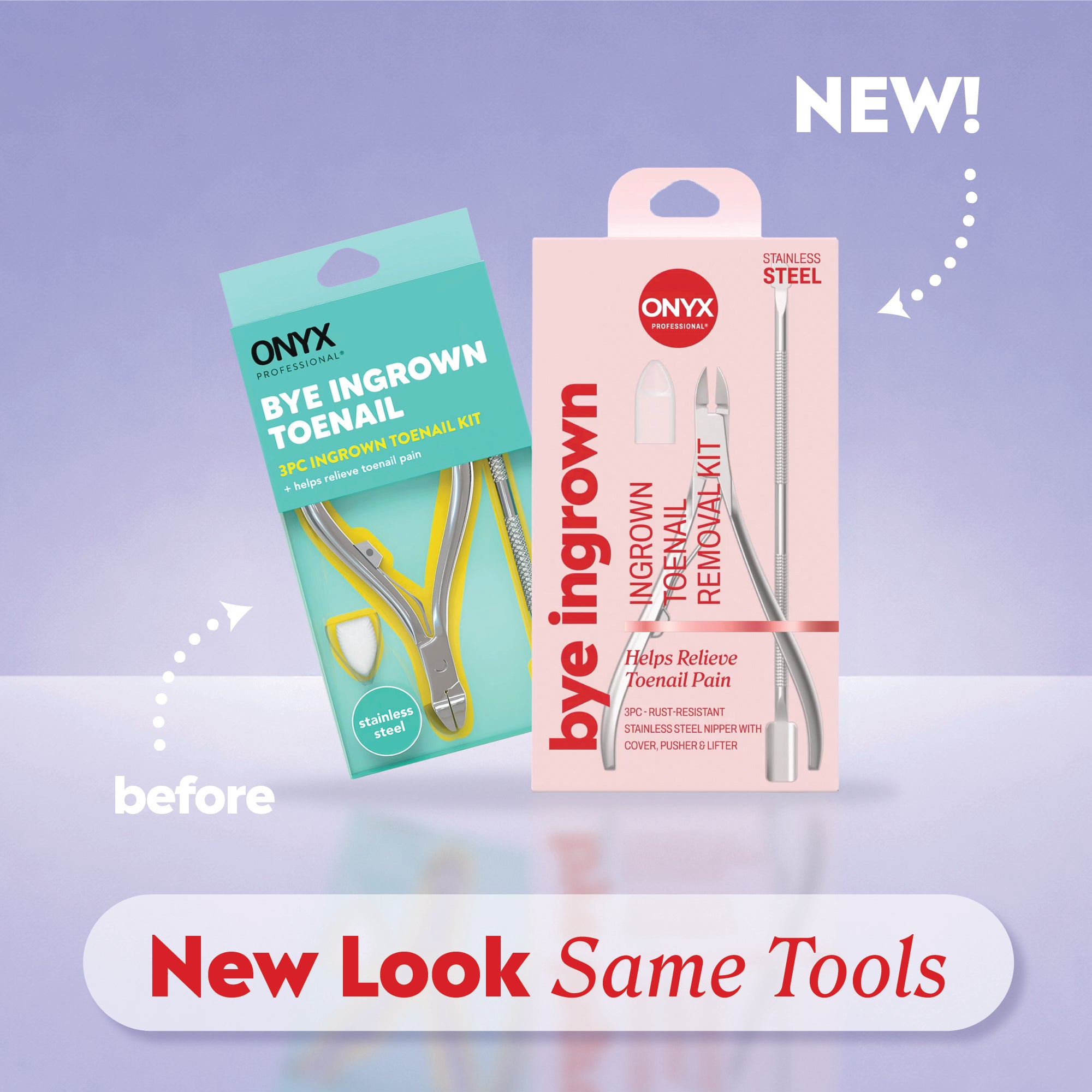 Onyx Professional Ingrown Toenail Kit shown in old packaging and new packaging with the message 'New Look, Same Formula'