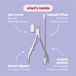 Ingrown toenail kit  includes a jaw cover for ideal for protective storage, a toenail lifter for stubborn corners, a cuticle pusher for unruly and overgrown cuticles, and a sharp nipper for ingrown toenails.