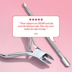 Customer review reads, “These clippers are SHARP and clip even the thickest nails. Plus, the cover makes for safe storage.” - Bina.