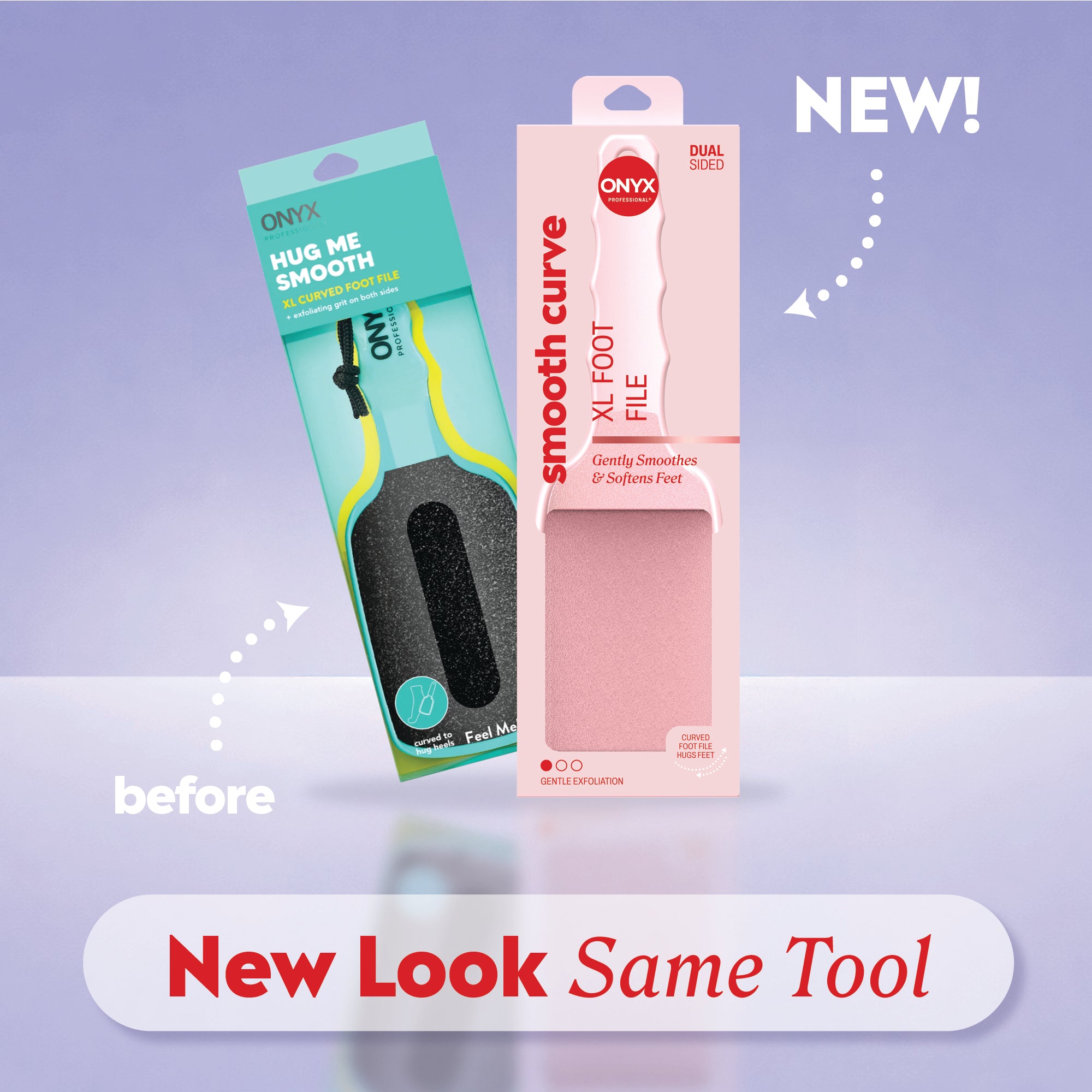 "Onyx Professional XL Foot File showing old and new packaging with the message 'New Look, Same Formula'.