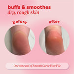 Reads, "buffs and smoothes dry, rough skin." Two images of a heel labeled before and after; the first shows dry, cracked skin, and the second shows smoother skin with reduced dryness overall area.