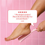 Consumer review reads, “The design is perfect! This is the best foot filer I’ve ever purchased.” credited to Laura.