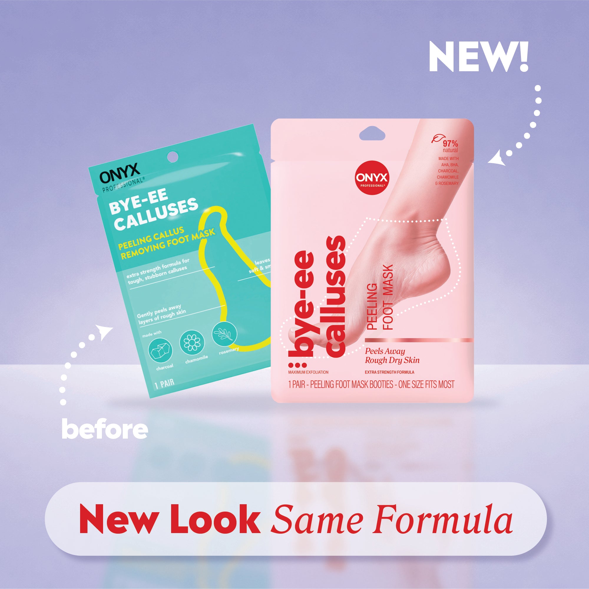 Onyx Professional peeling foot mask shown in old packaging and new packaging with the message 'New Look, Same Formula'