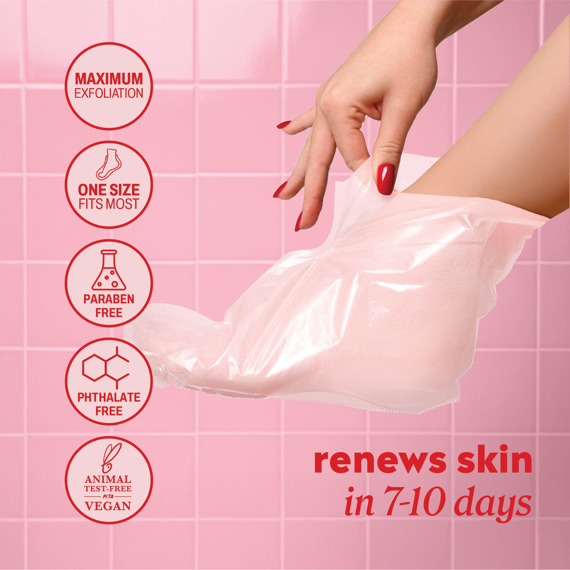 Foot mask provides maximum exfoliation, is one‑size‑fits‑most, paraben‑free, phthalate‑free, animal‑test‑free, vegan, and renews skin in 7–10 days.