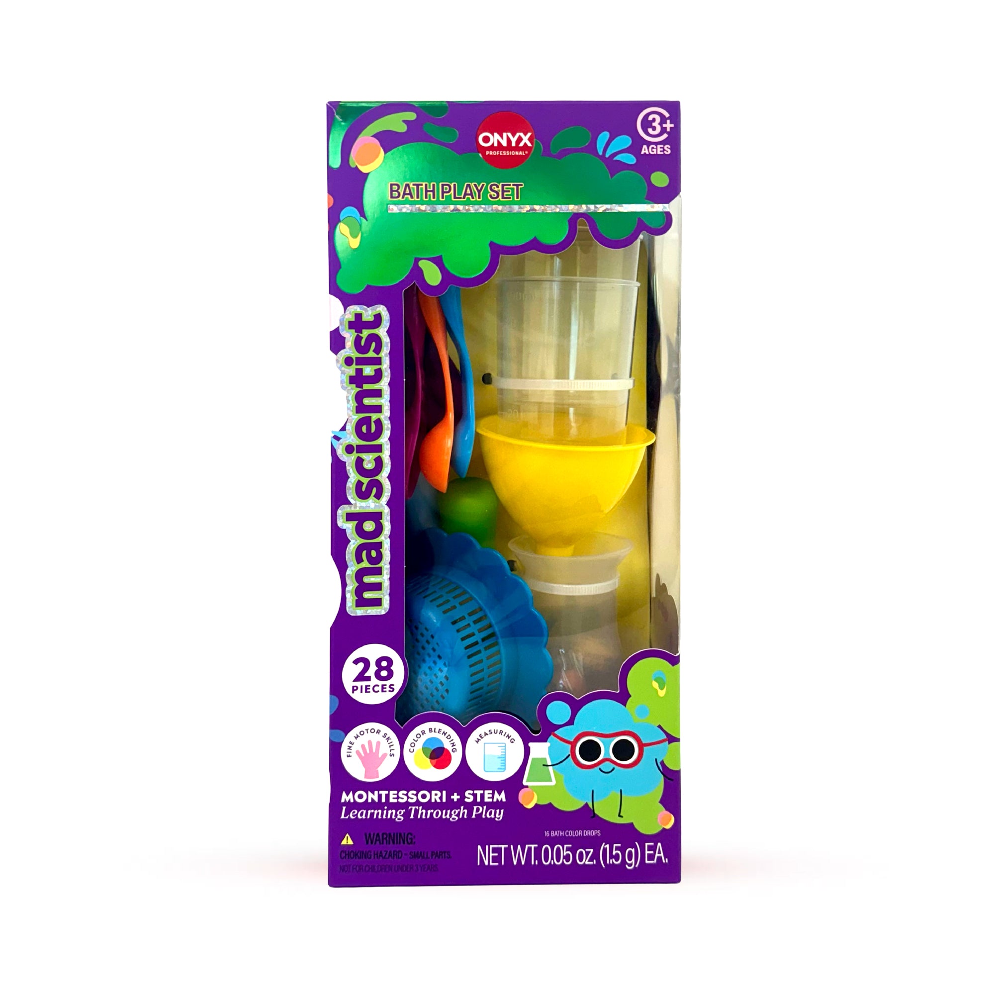 Toy packaging for 'mad scientist' ball play set with colorful design and product inside.