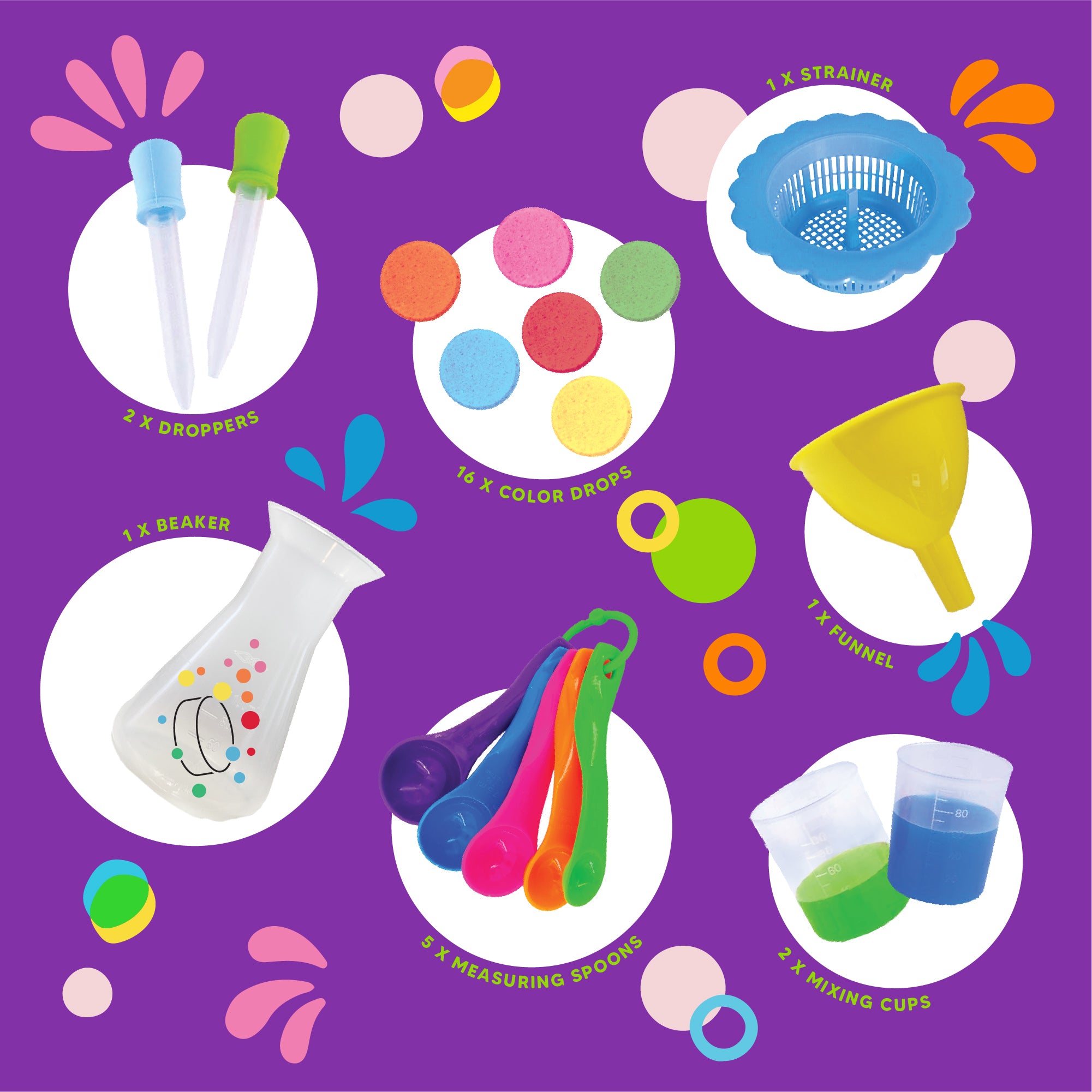 Bath play set components displayed with labels reading “2 x droppers,” “16 x color drops,” “1 x strainer,” “1 x beaker,” “5 x measuring spoons,” “1 x funnel,” and “2 x mixing cups.”