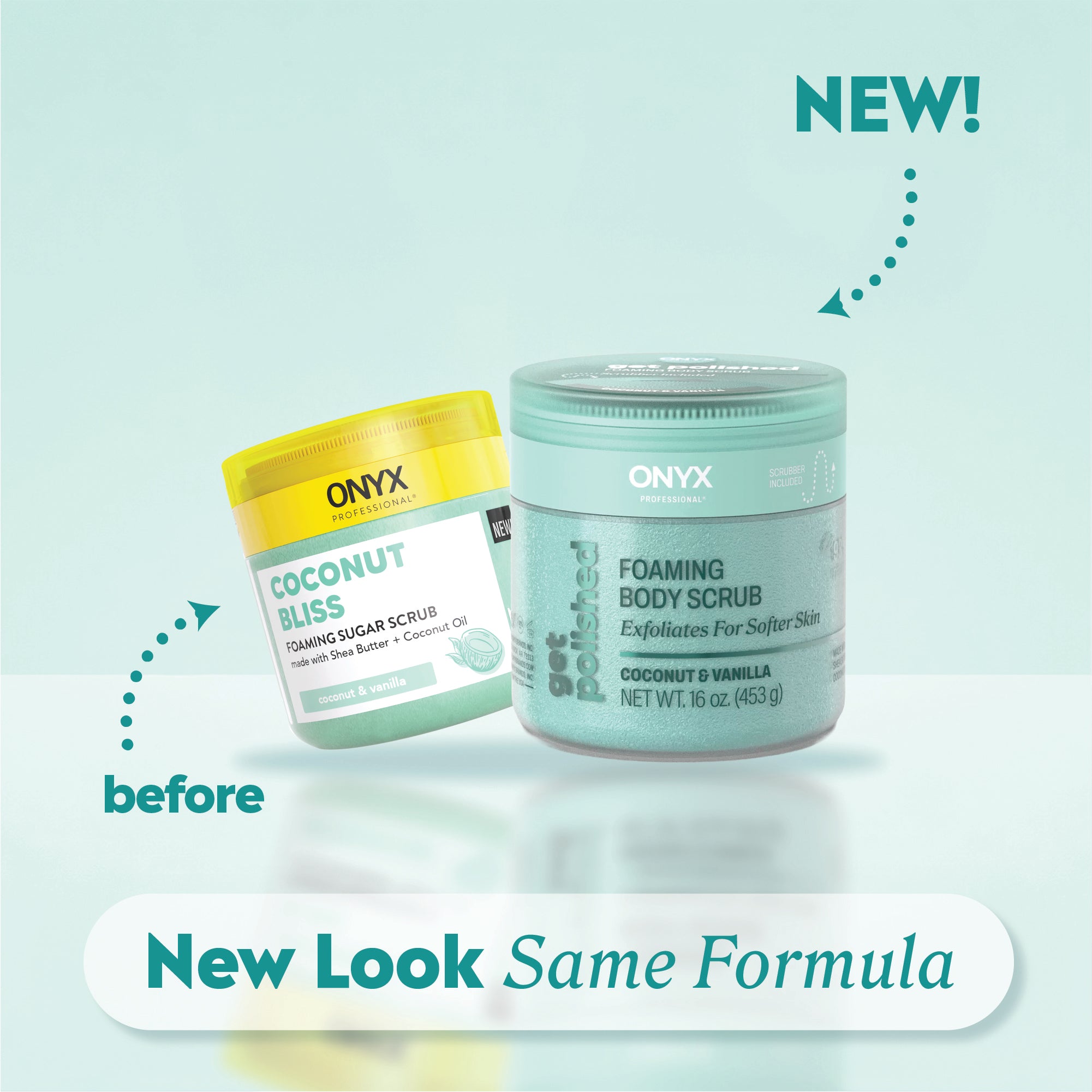 Before and after packaging comparison for Onyx Professional body scrub. The old Coconut Bliss foaming sugar scrub jar is on the left, and the new Got Polished Foaming Body Scrub jar is on the right. Text reads ‘New Look Same Formula.