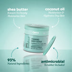 Onyx Professional Got Polished Foaming Body Scrub jar with teal antimicrobial scrubber beside it. Diagram text highlights ‘shea butter known to deeply moisturize skin,’ ‘coconut oil moisturizes and hydrates dry skin,’ ‘93% natural ingredients,’ and ‘antimicrobial scrubber included.