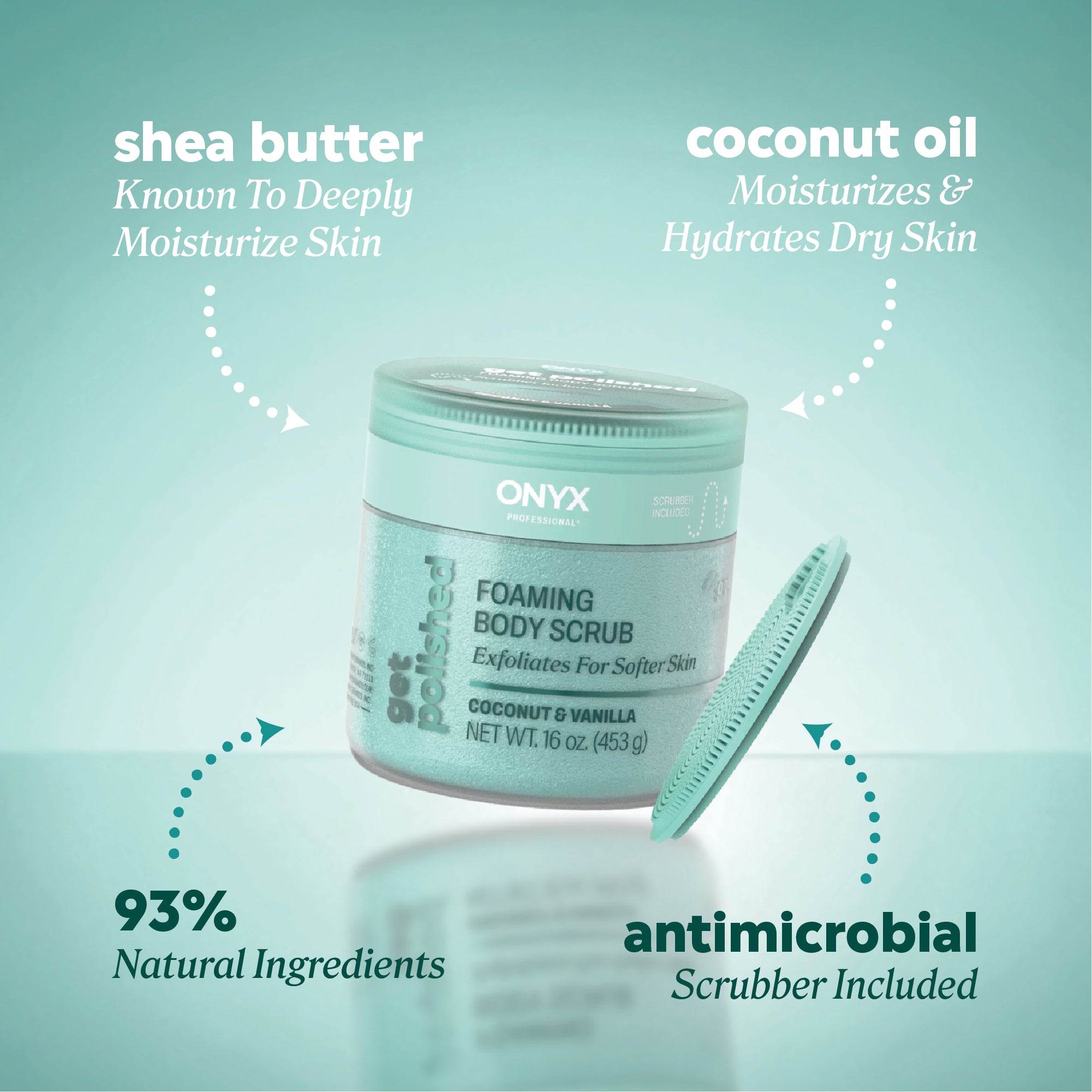 Onyx Professional Got Polished Foaming Body Scrub jar with teal antimicrobial scrubber beside it. Diagram text highlights ‘shea butter known to deeply moisturize skin,’ ‘coconut oil moisturizes and hydrates dry skin,’ ‘93% natural ingredients,’ and ‘antimicrobial scrubber included.